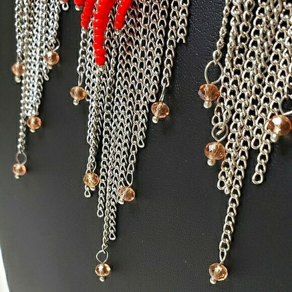 Jules B. Vintage Fringe Orange Beaded Necklace -  Statement Piece - Picture 2 of 6
